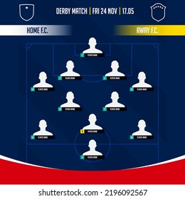 Football team formation, starting list or lineups infographic template. Set of football player position on soccer field.  Football kit, soccer jersey icon in flat design. Vector Illustration.