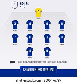 Football team formation, starting list or lineups infographic template. Set of football player position on soccer field.  Football kit, soccer jersey icon in flat design. Vector Illustration.