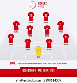 Football team formation, starting list or lineups infographic template. Set of football player position on soccer field.  Football kit, soccer jersey icon in flat design. Vector Illustration.