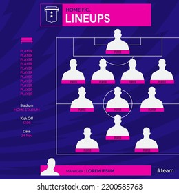 Football team formation, starting list or lineups infographic template. Set of football player position on soccer field.  Football kit, soccer jersey icon in flat design. Vector Illustration.