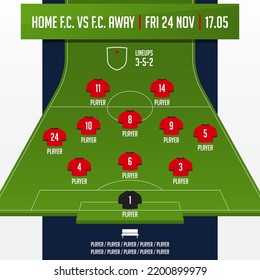 Football team formation, starting list or lineups infographic template. Set of football player position on soccer field.  Football kit, soccer jersey icon in flat design. Vector Illustration.