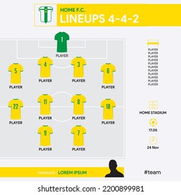 Formación de equipos de fútbol, lista de inicio o alineaciones plantilla de información. Juego de posiciones de los futbolistas en el campo de fútbol.  Kit de fútbol, icono de la camiseta de fútbol en diseño plano. Ilustración vectorial.