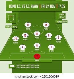 Formación de equipos de fútbol, lista de inicio o alineaciones plantilla de información. Juego de posiciones de los futbolistas en el campo de fútbol.  Kit de fútbol, icono de la camiseta de fútbol en diseño plano. Ilustración vectorial.