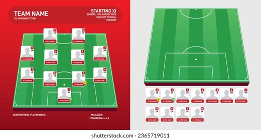 Football team formation template. World Soccer or football field 11 player avatar with numbers vector illustration. soccer starting lineup on field 