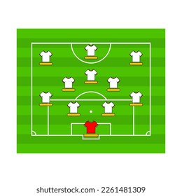 Football team formation.Top view of a soccer field.  Set of perspective view football field and players with jersey on white isolated background. vector illustrations. soccer lineup. formation and tac