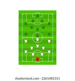 Football team formation.Top view of a soccer field.  Set of perspective view football field and players with jersey on white isolated background. vector illustrations. soccer lineup. formation and tac