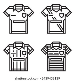 Football team four black outline short sleeve striped jerseys icons on white background. Soccer clothes symbols.