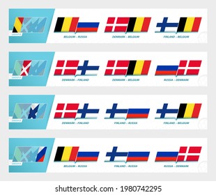 Football team games in group B of football European tournament 2020-21. Sport vector icon set.