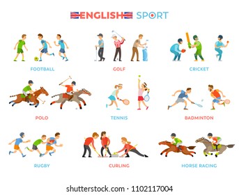 Football team, golf equipment, cricket players, polo or race on horses, tennis league, badminton competition, rough rugby, curling match vectors set.
