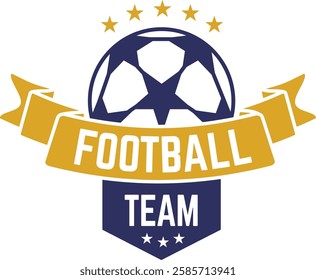 Football team logo design featuring a dynamic ball adorned with a gold ribbon banner and stars, perfect for enhancing sports branding and promoting merchandise