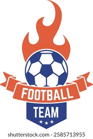 Football team logo displaying a burning soccer ball alongside an orange ribbon featuring the text football team set against a clean white background, radiating energy and passion