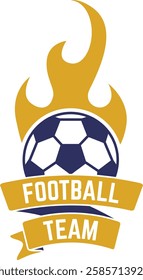 Football team logo featuring a burning soccer ball with flames and two ribbons with the words football and team written on them, creating a dynamic and passionate emblem