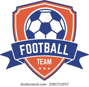 Football team logo featuring a dynamic ball and an elegant ribbon banner on a shield, adorned with three stars, perfect for enhancing sports branding and team identity