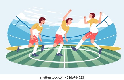 Futbolista del equipo de fútbol celebrando. Jugador de fútbol celebrando el gol en el estadio. ilustración vectorial plana. vítores felices de otros miembros del equipo