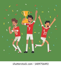 Football team players celebrating golden cup they just won. Flat vector illustration on soccer league champions. Cheerful football trophy winning concept