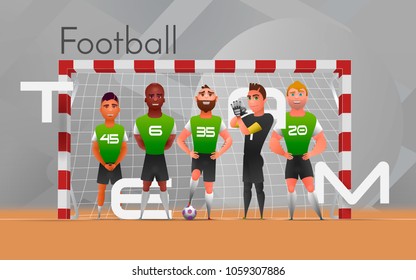 Football team standing at gate. Vector illustration of multiethnic football team standing at gate on gray background. Design character