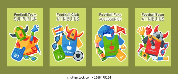 Football team supporter set of cards, banners vector illustration. Soccer sport fan attribute, rooter buff man accessories and supplies to cheer for your favorite team. Sport uniform.