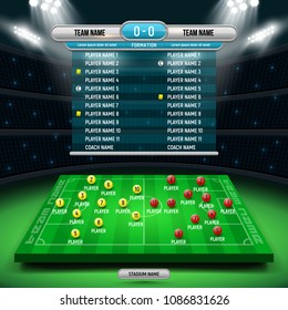 Football team tactic. Soccer field with players and scoreboard. Vector template for your design.