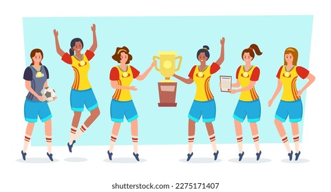 Football team winning competition vector illustration. Happy female soccer players holding golden cup, smiling, celebrating victory. Women's football, competition, sports, feminism concept