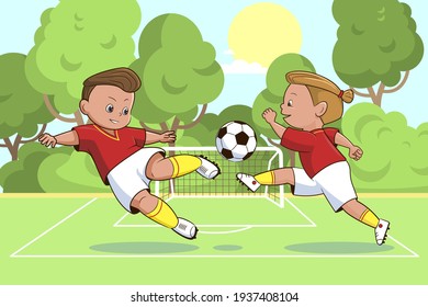 Football teenage players kicking soccer ball green soccer field background vector illustration in flat cartoon style, comic