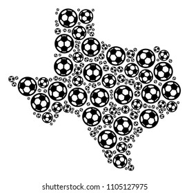 Football Texas map. Vector territorial scheme made from soccer spheres in various sizes. Abstract Texas map mosaic is done with randomized soccer balls. Mosaic pattern for sport championship collages.