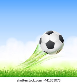 football theme illustration with flying soccer ball over green grass field. vector illustration