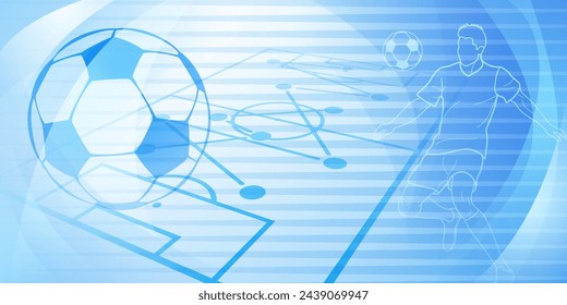 Football themed background in blue tones with abstract lines and curves, with sport symbols such as a football player, stadium and ball