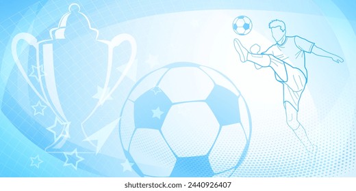 Football themed background in blue tones with abstract dots and curves, with sport symbols such as a football player, cup and ball