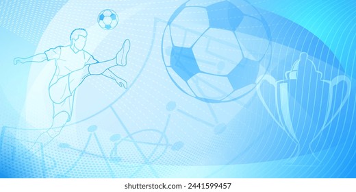 Football themed background in blue tones with abstract lines and curves, with sport symbols such as a football player, stadium, ball and cup