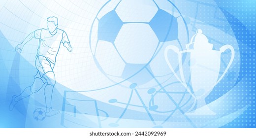 Football themed background in blue tones with abstract dots and curves, with sport symbols such as a football player, stadium, cup and ball