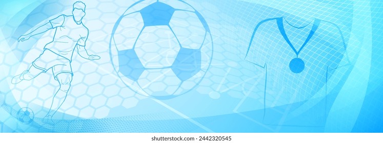 Football themed background in blue tones with abstract meshes and curves, with sport symbols such as a football player and ball