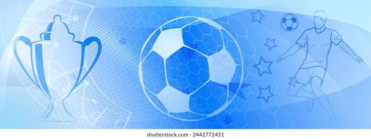 Football themed background in blue tones with abstract meshes and dots, with sport symbols such as a football player, cup and ball