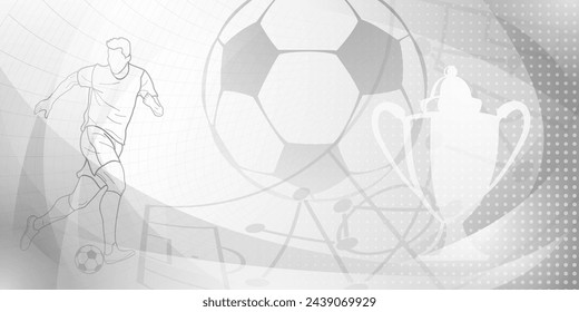 Football themed background in gray tones with abstract dots and curves, with sport symbols such as a football player, stadium, cup and ball
