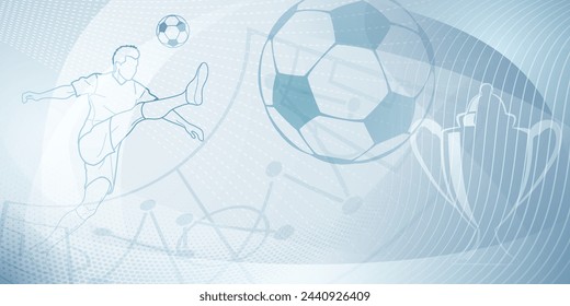 Football themed background in gray tones with abstract lines and curves, with sport symbols such as a football player, stadium, ball and cup