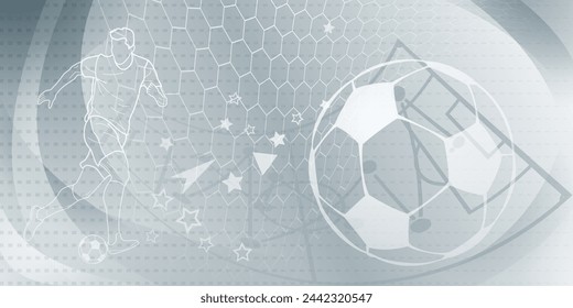 Football themed background in gray tones with abstract meshes and curves, with sport symbols such as a football player, ball and stadium