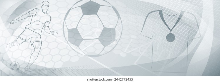 Football themed background in gray tones with abstract meshes and curves, with sport symbols such as a football player and ball