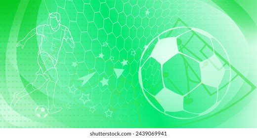 Football themed background in green tones with abstract meshes and curves, with sport symbols such as a football player, ball and stadium