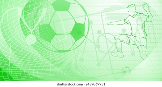 Football themed background in green tones with abstract dotted lines, meshes and curves, with sport symbols such as a football player, stadium and ball