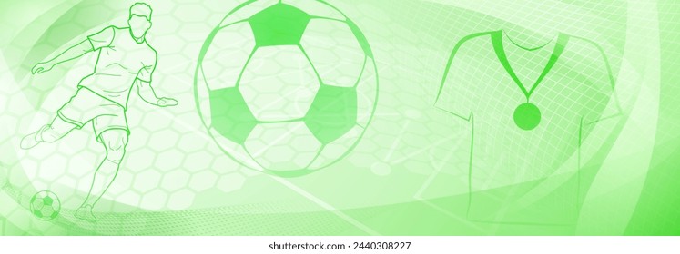 Football themed background in green tones with abstract meshes and curves, with sport symbols such as a football player and ball