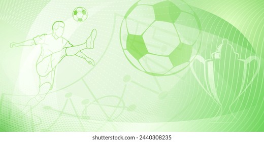 Football themed background in green tones with abstract lines and curves, with sport symbols such as a football player, stadium, ball and cup