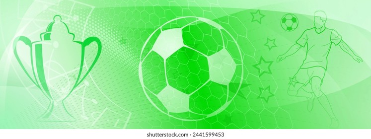 Football themed background in green tones with abstract meshes and dots, with sport symbols such as a football player, cup and ball