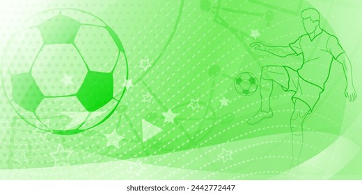 Football themed background in green tones with abstract dotted lines and curves, with sport symbols such as a football player and ball