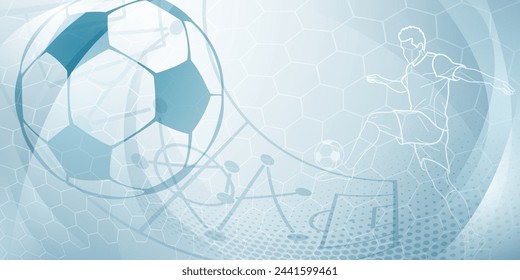 Football themed background in light blue tones with abstract dots, meshes and curves, with sport symbols such as a football player, stadium and ball