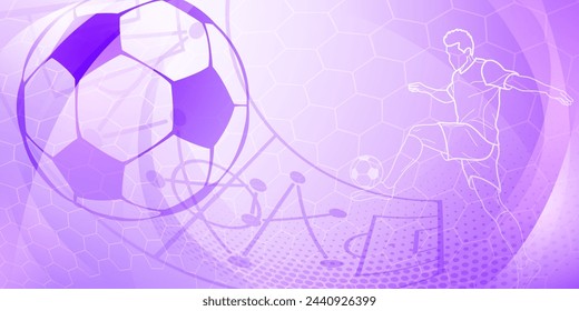 Football themed background in purple tones with abstract dots, meshes and curves, with sport symbols such as a football player, stadium and ball