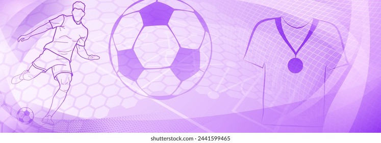 Football themed background in purple tones with abstract meshes and curves, with sport symbols such as a football player and ball