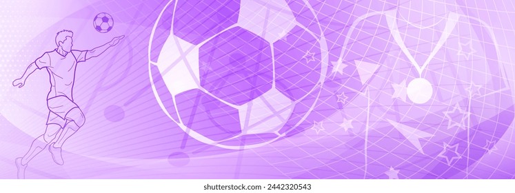 Football themed background in purple tones with abstract meshes and curves, with sport symbols such as a football player and ball