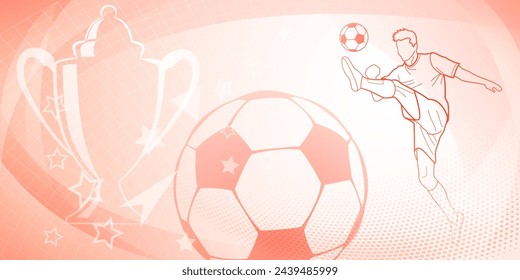 Football themed background in red tones with abstract dots and curves, with sport symbols such as a football player, cup and ball