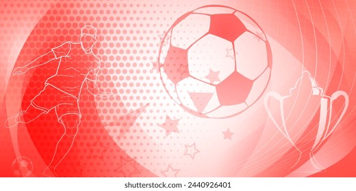 Football themed background in red tones with abstract dots, lines and curves, with sport symbols such as a football player, ball and cup