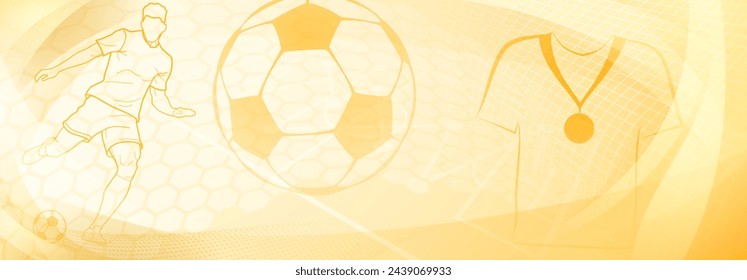 Football themed background in yellow tones with abstract meshes and curves, with sport symbols such as a football player and ball