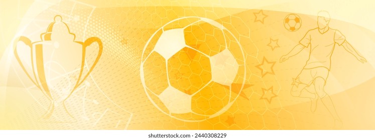 Football themed background in yellow tones with abstract meshes and dots, with sport symbols such as a football player, cup and ball